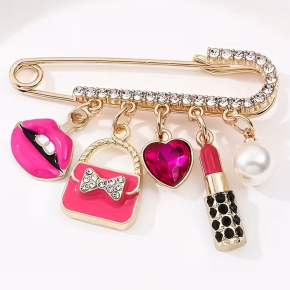 Jewelry - Gold with Pink Charms Women’s Brooch with Rhinestones NWT
